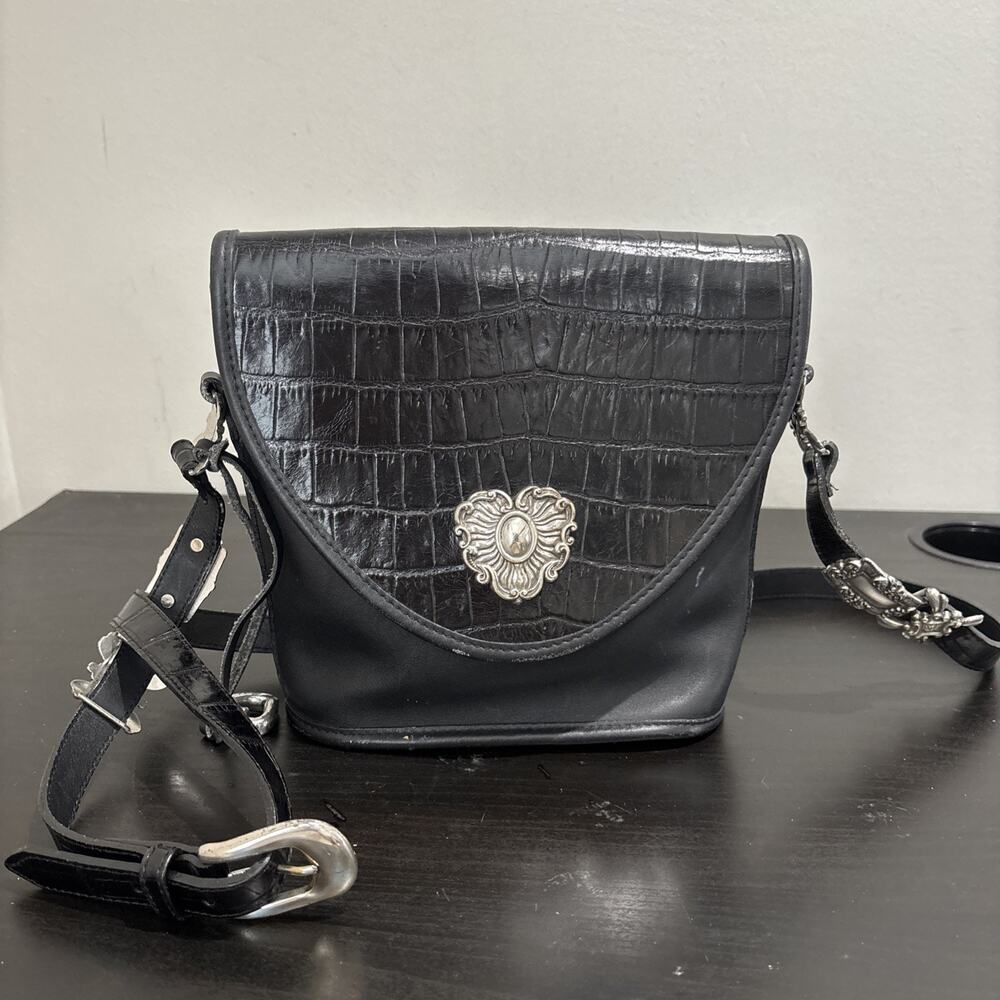 VTG Brighton Crossbody Black Leather Croc Embossed Silver Tone 1994 Shoulder Bag